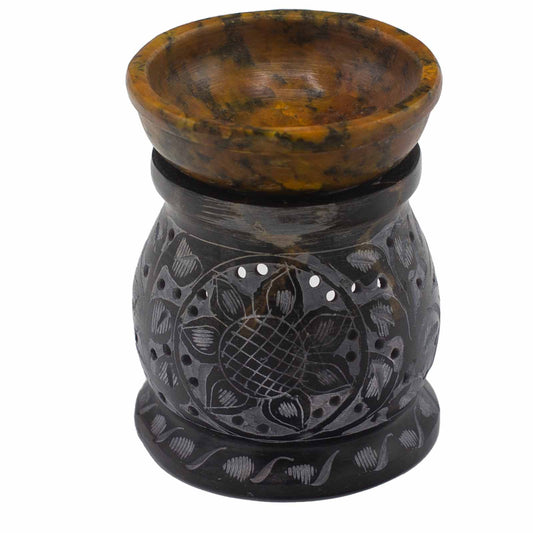 Soapstone Oil Burner 10cm - Mandala Flower - Black & Yellow